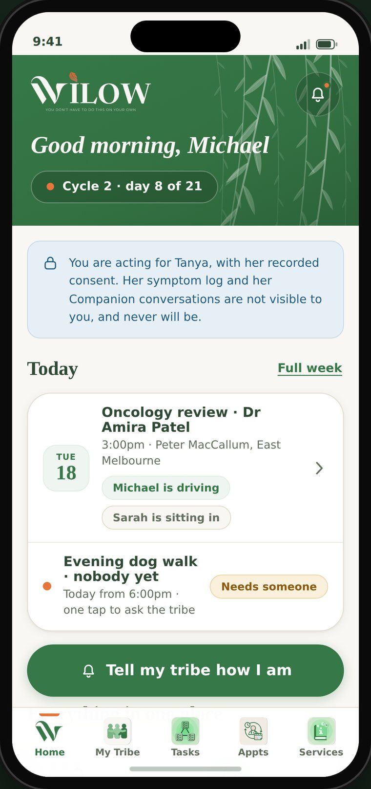 The Wilow home screen for a carer, showing that they are acting for Tanya with her recorded consent.