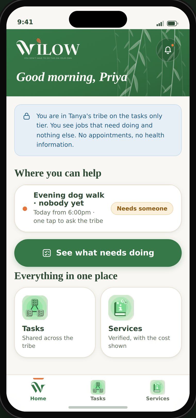 The Wilow home screen for a friend on the tasks only tier.