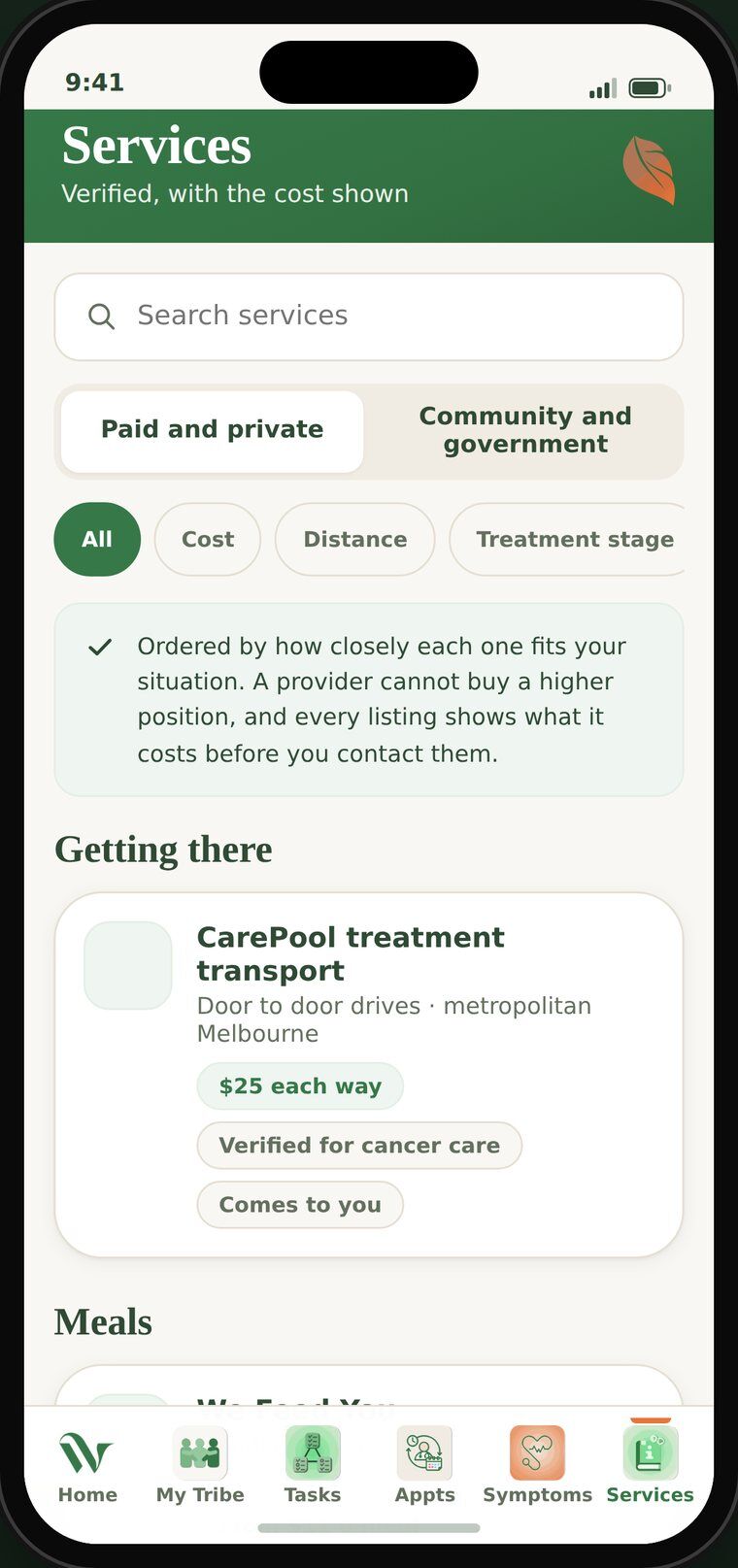 The Wilow services directory, showing a transport listing with a clear cost badge.